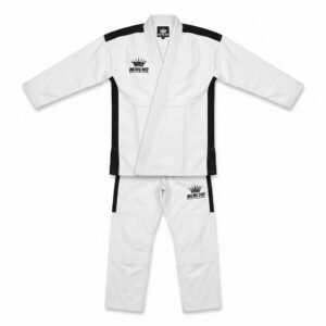 White karate uniform with black contrast side panels displayed against a white background.