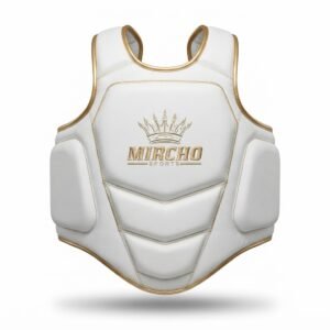 White boxing body protector with gold trim and adjustable buckle straps shown from a front angle.
