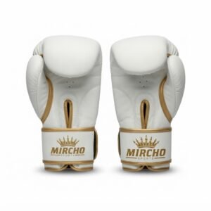 White and gold boxing gloves displayed against a plain background