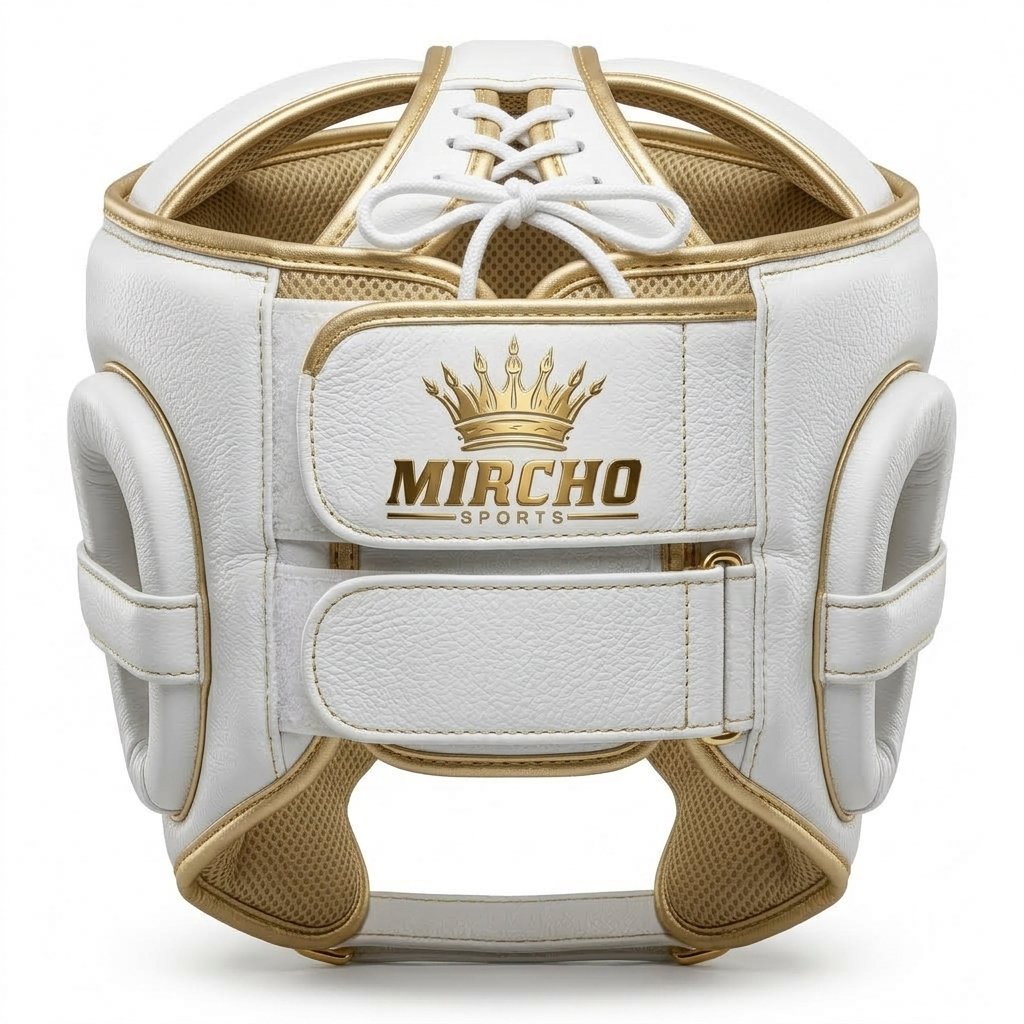 White and gold MMA head guard with padded cheek protection and rear adjustment straps. - alternate view 2