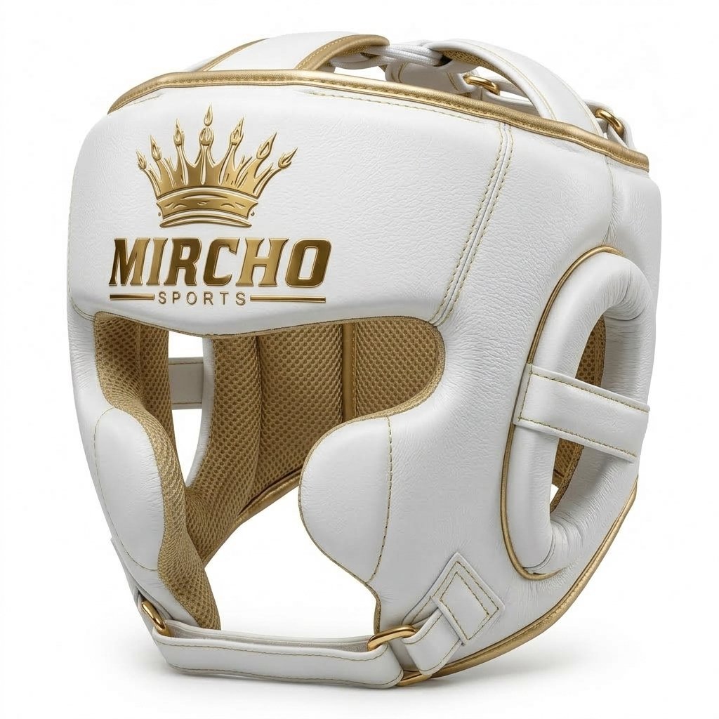 White and gold MMA head guard with padded cheek protection and rear adjustment straps. - alternate view 3