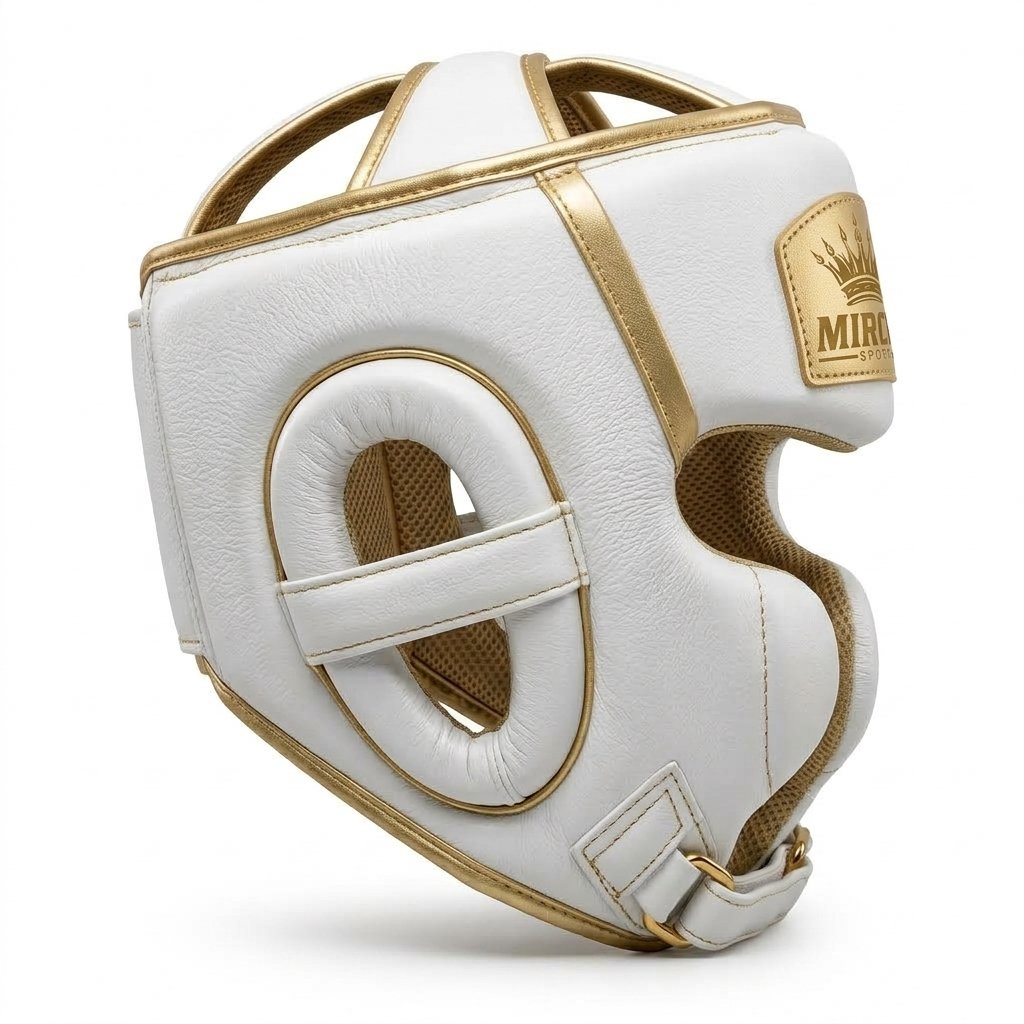 White and gold MMA head guard with padded cheek protection and rear adjustment straps. - alternate view 4