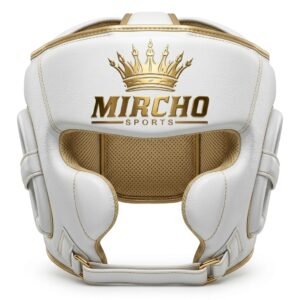 White and gold MMA head guard with padded cheek protection and rear adjustment straps.