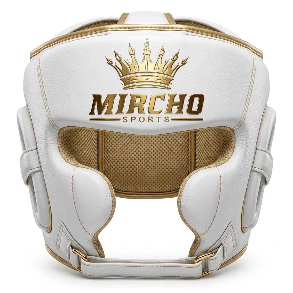White and gold MMA head guard with padded cheek protection and rear adjustment straps.