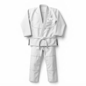 White judo uniform set featuring jacket and trousers laid flat on a neutral background.