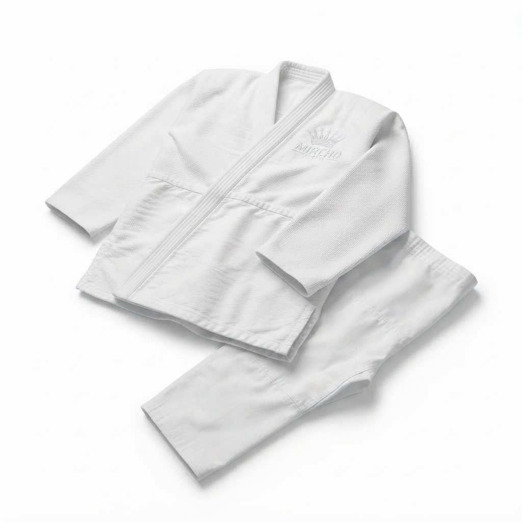White judo uniform set laid flat against a clean background