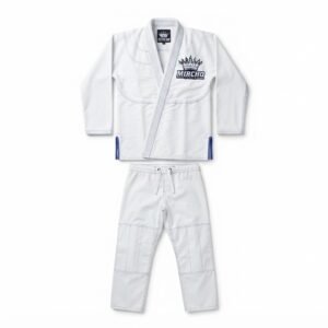 Complete white judo uniform set featuring a reinforced jacket and matching trousers.