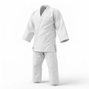 A full view of a clean white karate uniform set including jacket and matching trousers.