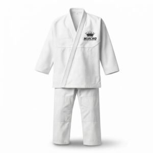 Complete white karate uniform set including jacket and trousers displayed against a plain background.