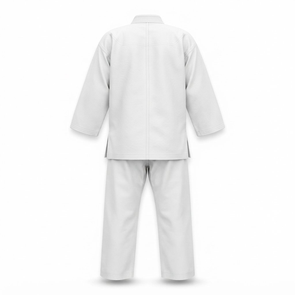 A full white karate uniform featuring a jacket and trousers displayed flat against a plain background. - alternate view 2