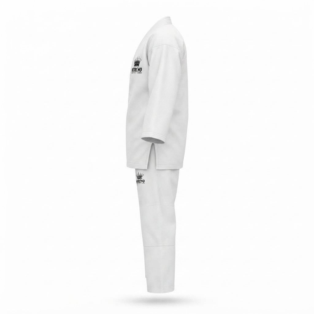 A full white karate uniform featuring a jacket and trousers displayed flat against a plain background. - alternate view 3