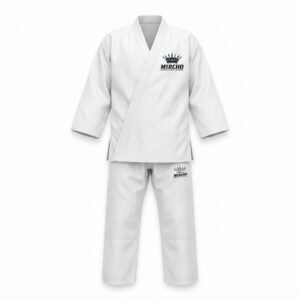 A full white karate uniform featuring a jacket and trousers displayed flat against a plain background.