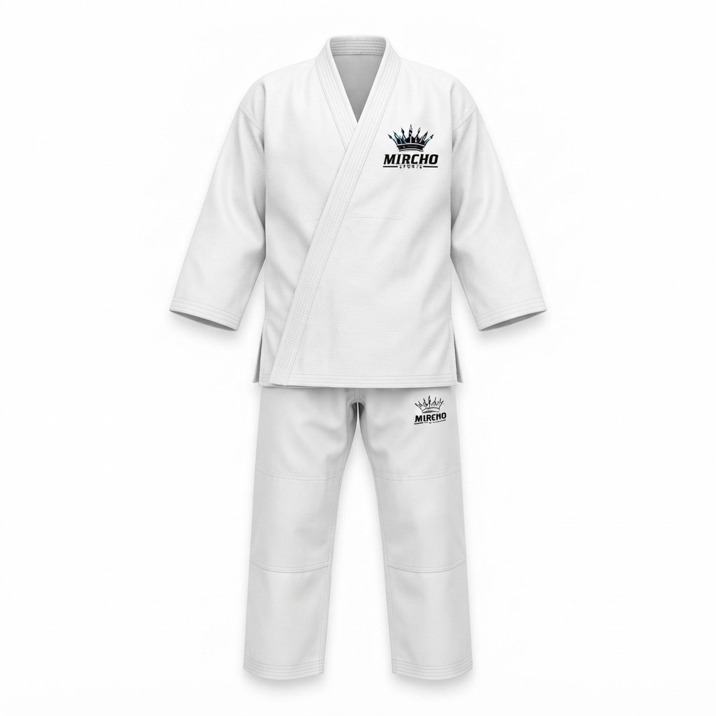 A full white karate uniform featuring a jacket and trousers displayed flat against a plain background.