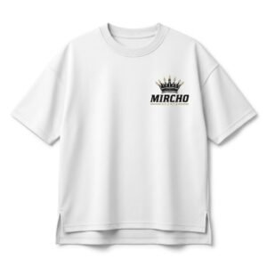 White sports t-shirt with crew neck and short sleeves.