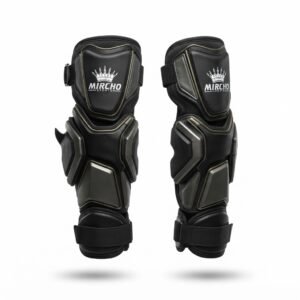 Pair of black martial arts arm guards with segmented padding and adjustable straps on a white background.