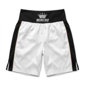 Athletic boxing shorts featuring a wide black waistband, white body, black side stripes, and gold piping.