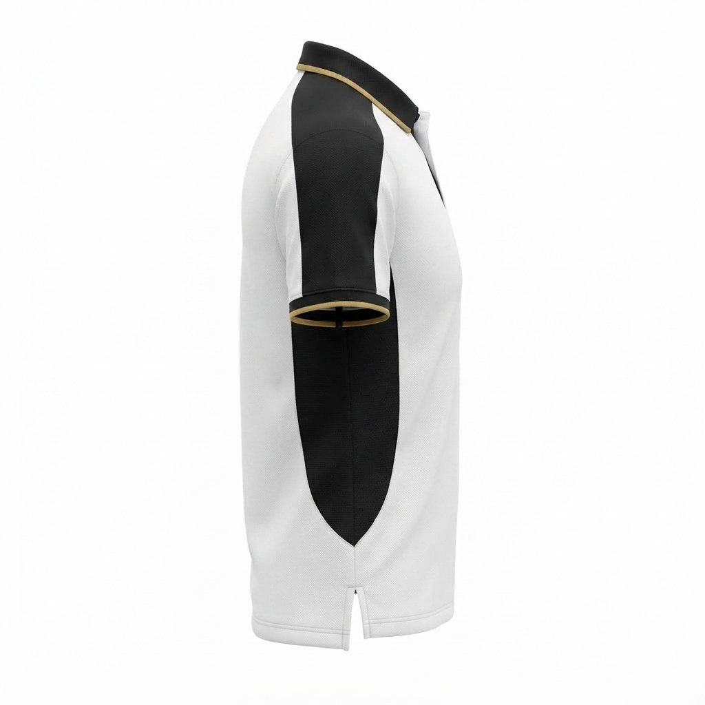 Athletic polo shirt featuring a white body, black side panels, and a collared neckline. - alternate view 2
