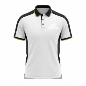 Athletic polo shirt featuring a white body, black side panels, and a collared neckline.