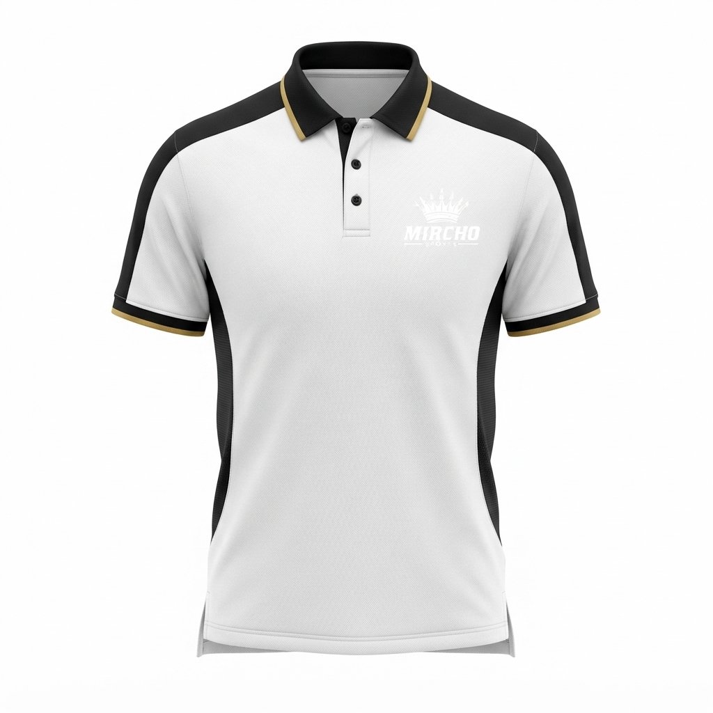 Athletic polo shirt featuring a white body, black side panels, and a collared neckline.