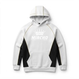 White and black athletic training hoodie with a front pocket and gold trim.