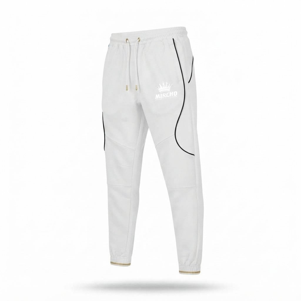 White athletic training pants featuring a drawstring waist and black side piping. - alternate view 2