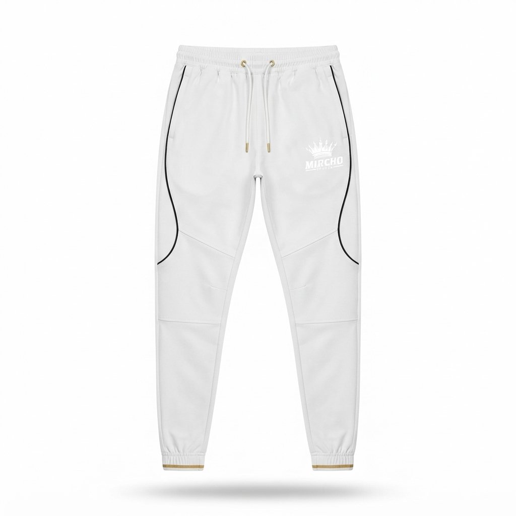 White athletic training pants featuring a drawstring waist and black side piping. - alternate view 3