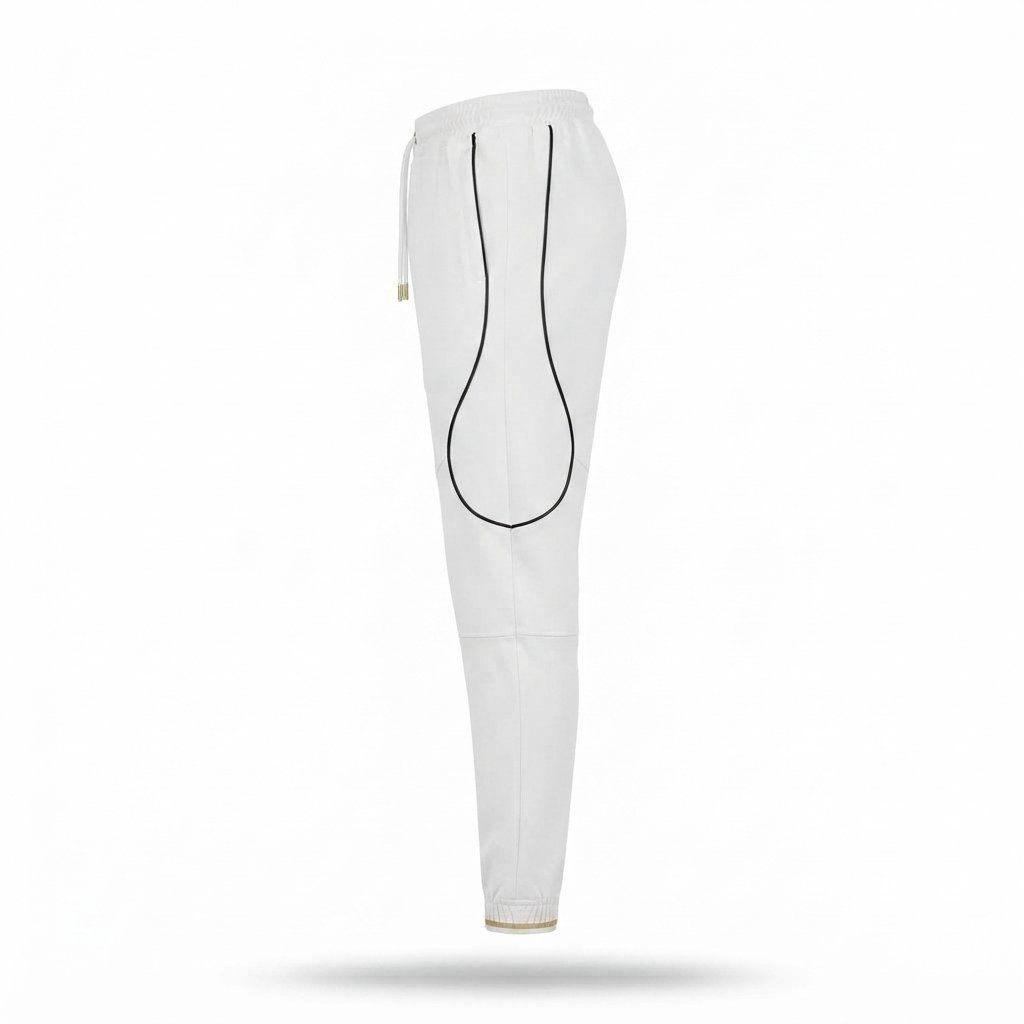 White athletic training pants featuring a drawstring waist and black side piping. - alternate view 4