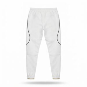 White athletic training pants featuring a drawstring waist and black side piping.