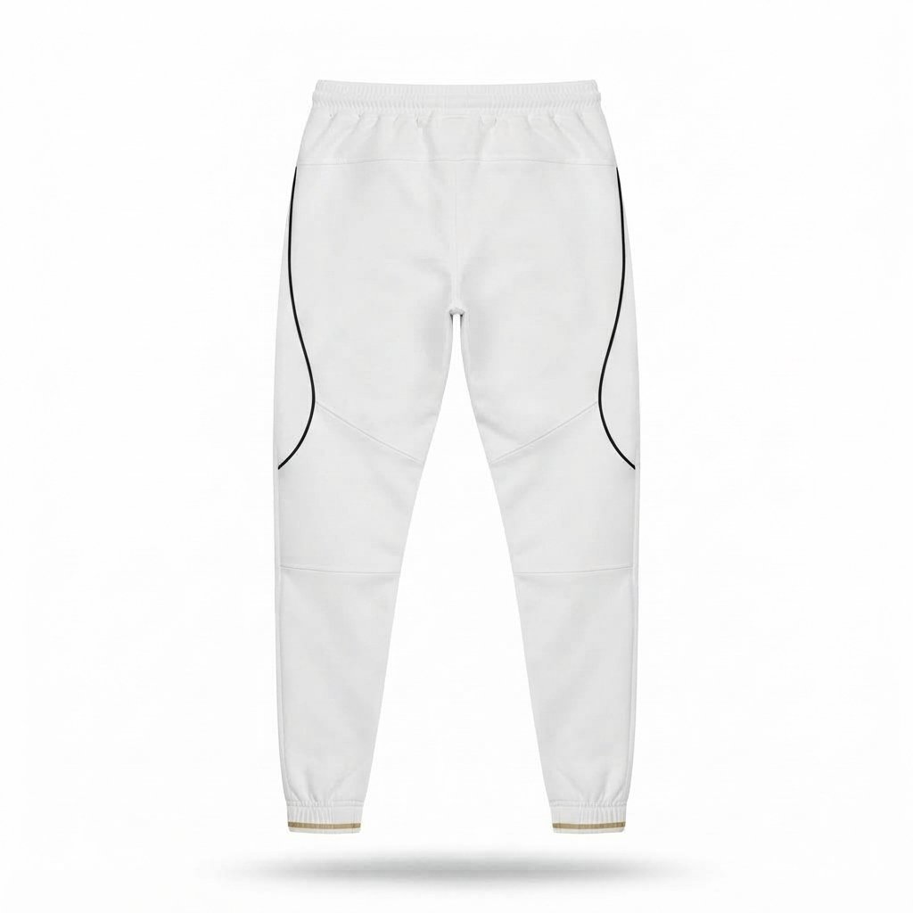White athletic training pants featuring a drawstring waist and black side piping.