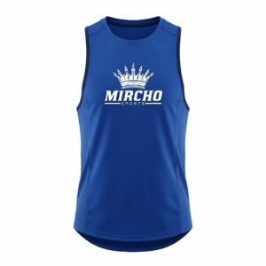 Front view of a blue athletic training tank top with mesh side panels.