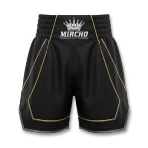 Black boxing shorts featuring gold trim piping and a wide elastic waistband displayed flat.