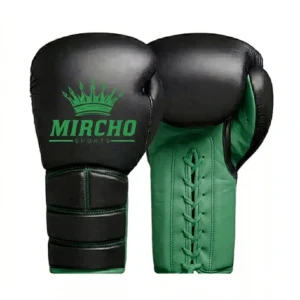 Black and green boxing gloves featuring a lace-up wrist closure and segmented padding.