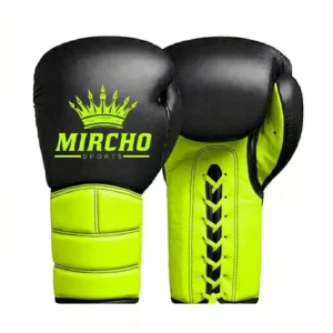 Black and bright green boxing gloves featuring a laced wrist closure and segmented cuff padding.