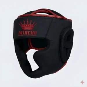 Black and red boxing head guard with cheek protection and open face design.