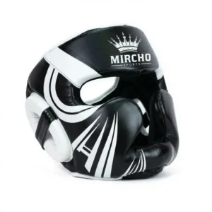 Black and white boxing head guard with protective cheek and ear padding.