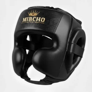 Professional black boxing head guard with cheek and ear protection for training.