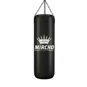 Black hanging punching bag with metal chain for boxing training.