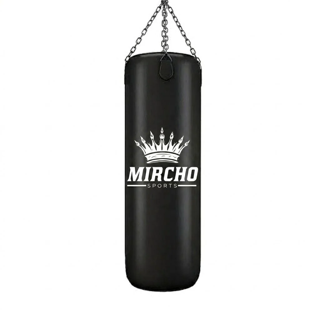 Black hanging punching bag with metal chain for boxing training.