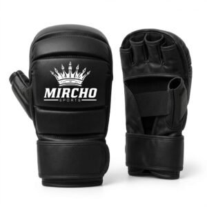 Black karate sparring mitts featuring segmented padding and an adjustable wrist strap on a white background.