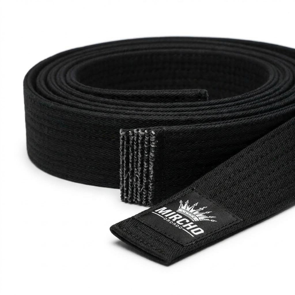 Rolled and tied black martial arts belt showing reinforced stitching and end detail. - alternate view 3