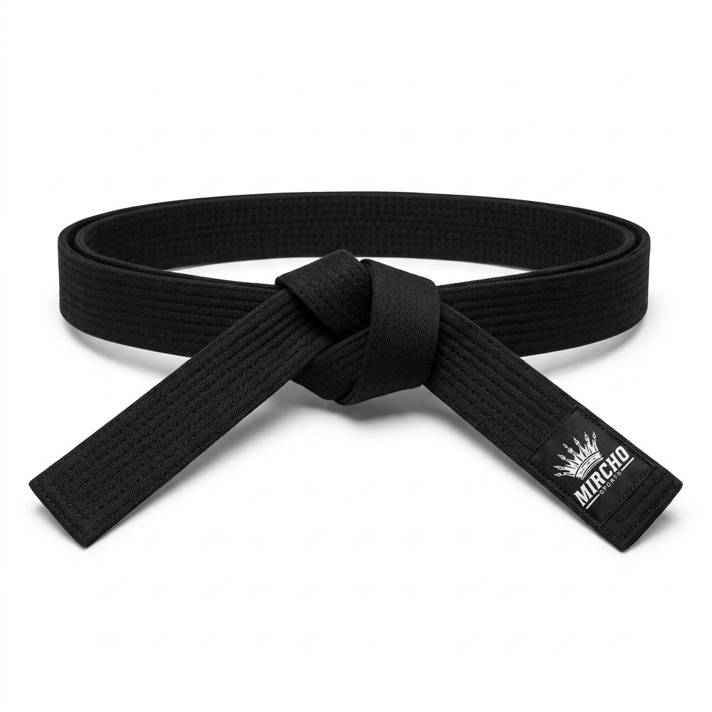 Rolled and tied black martial arts belt showing reinforced stitching and end detail. - alternate view 4