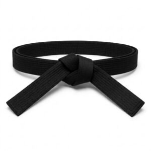 Rolled and tied black martial arts belt showing reinforced stitching and end detail.