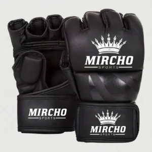 Pair of black open-finger MMA training gloves with wrist support straps.