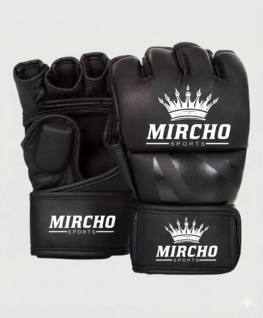 Pair of black open-finger MMA training gloves with wrist support straps.