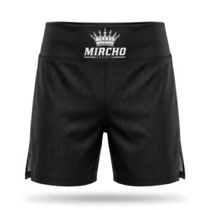 Black MMA shorts featuring a wide waistband and side slits for sports training.