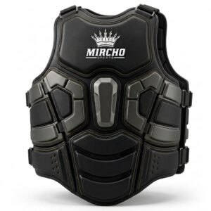 Black modular sports body protector with segmented padding and adjustable straps on a white background.