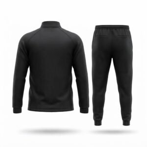 Black sports tracksuit featuring a full-zip jacket and matching trousers viewed from the front.