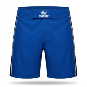 Blue and black MMA sports shorts featuring a front closure tab and side slits.
