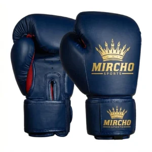 Pair of blue boxing gloves featuring gold crown details and red lining.