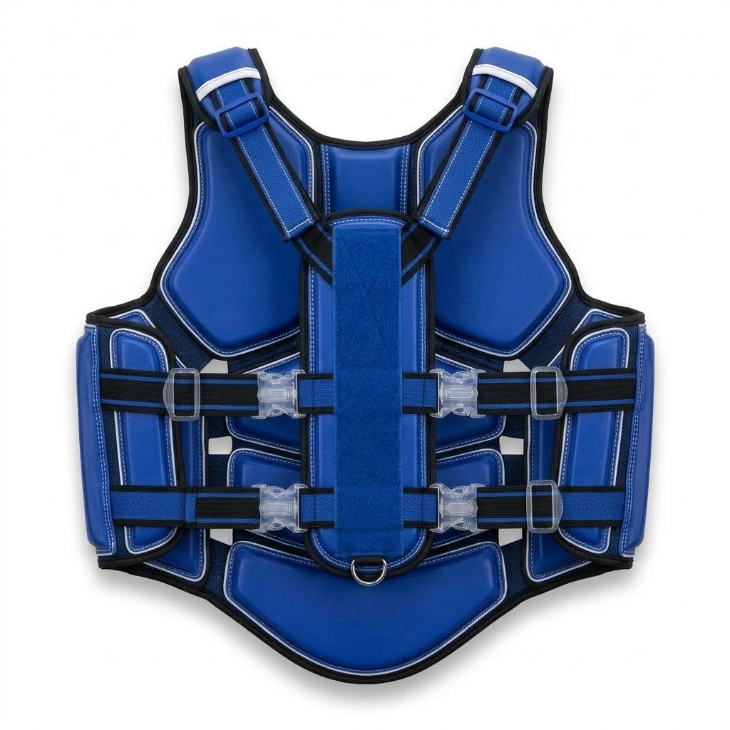Blue martial arts body protector vest with segmented padding and adjustable straps. - alternate view 2